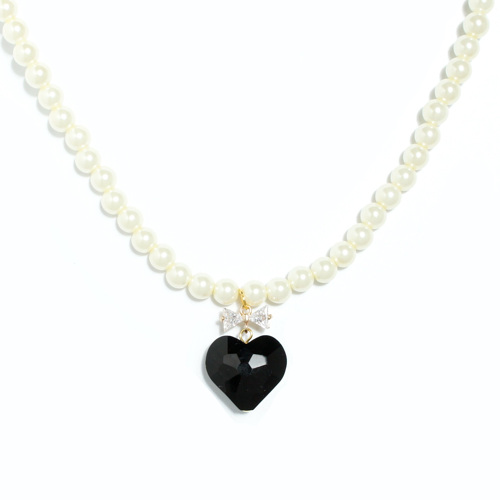 Whisper of Heart Pearl Necklace with Crystal Bow and Faceted Heart Pendant
