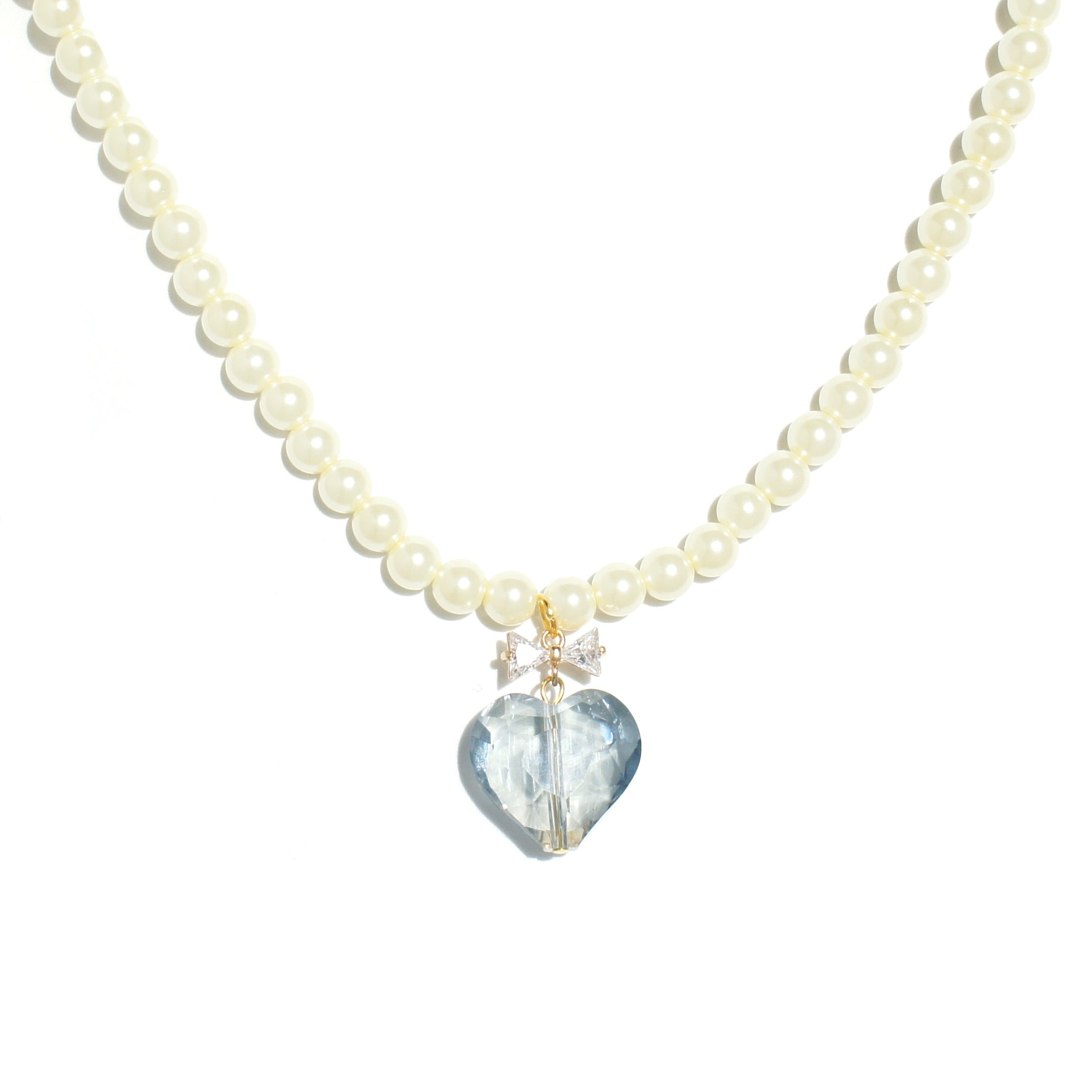Whisper of Heart Pearl Necklace with Crystal Bow and Faceted Heart Pendant