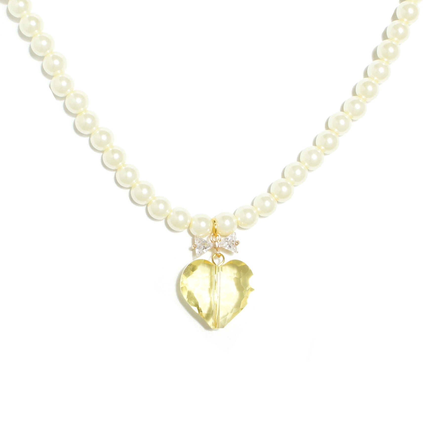 Whisper of Heart Pearl Necklace with Crystal Bow and Faceted Heart Pendant